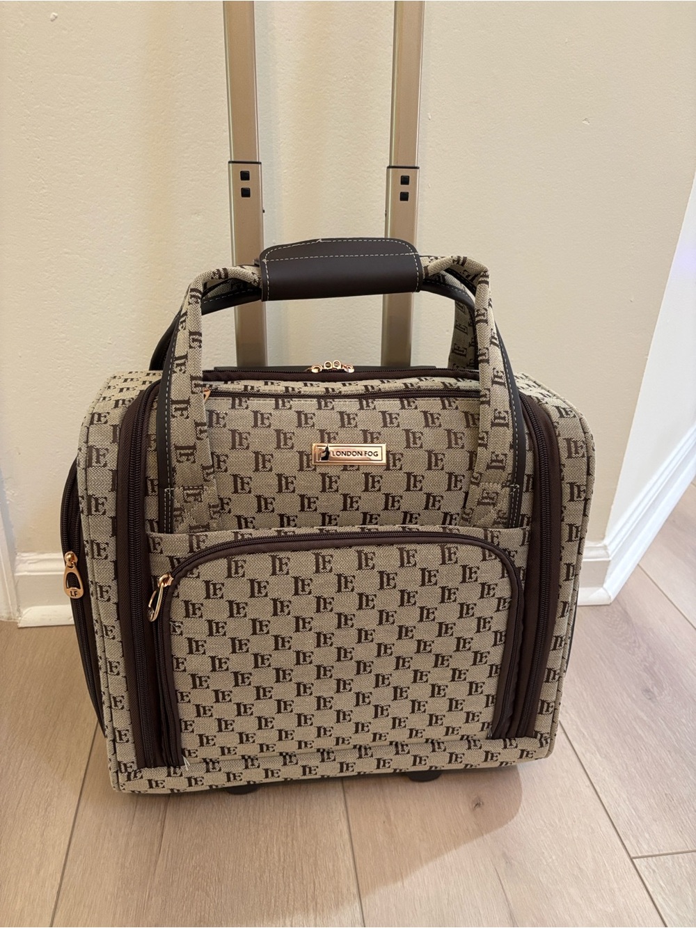London Fog Beige Monogram Rolling Under-Seat Bag with Brown Trim 15”